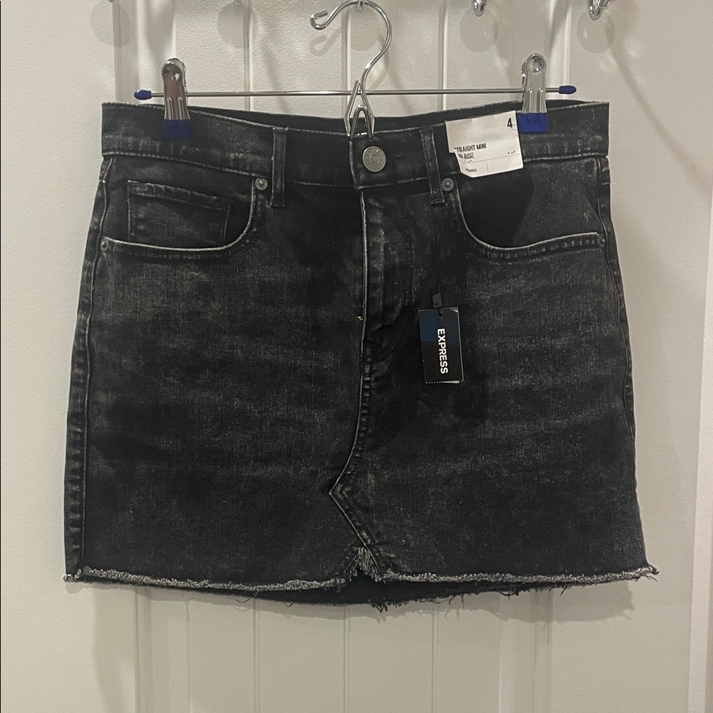 Express Black Washed Denim Mini Skirt with Raw Hem